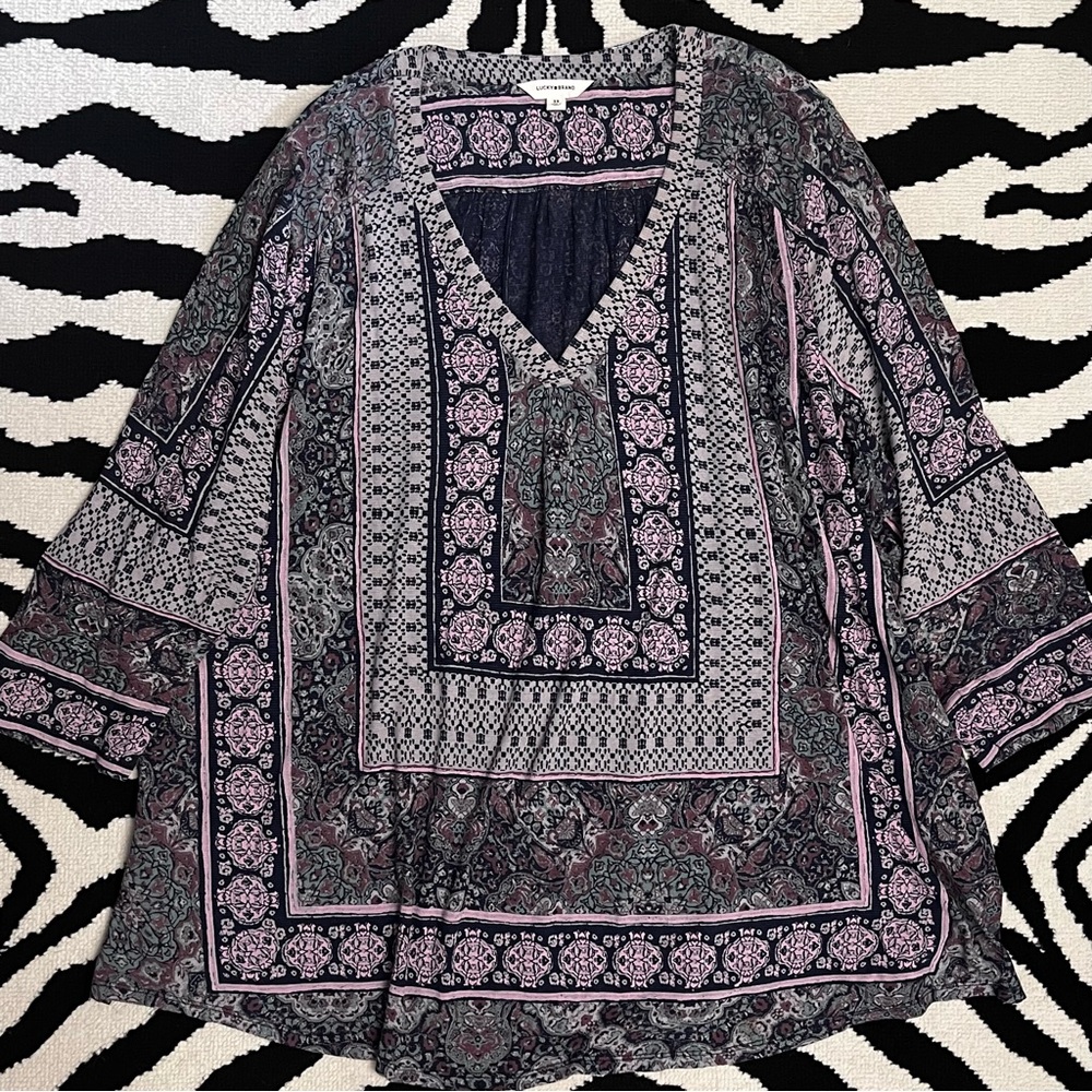 Lucky Brand Boho Floral Bandanna Print Plus Size Tunic Top Size 3X